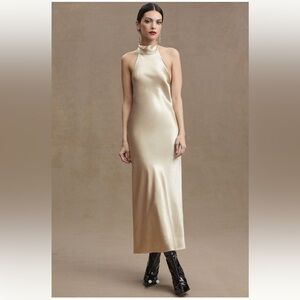 champagne halter tie satin gown